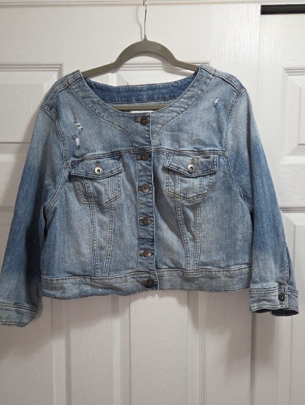 torrid Light Blue Collarless Slightly Distressed Denim Jacket - Picture 4 of 7